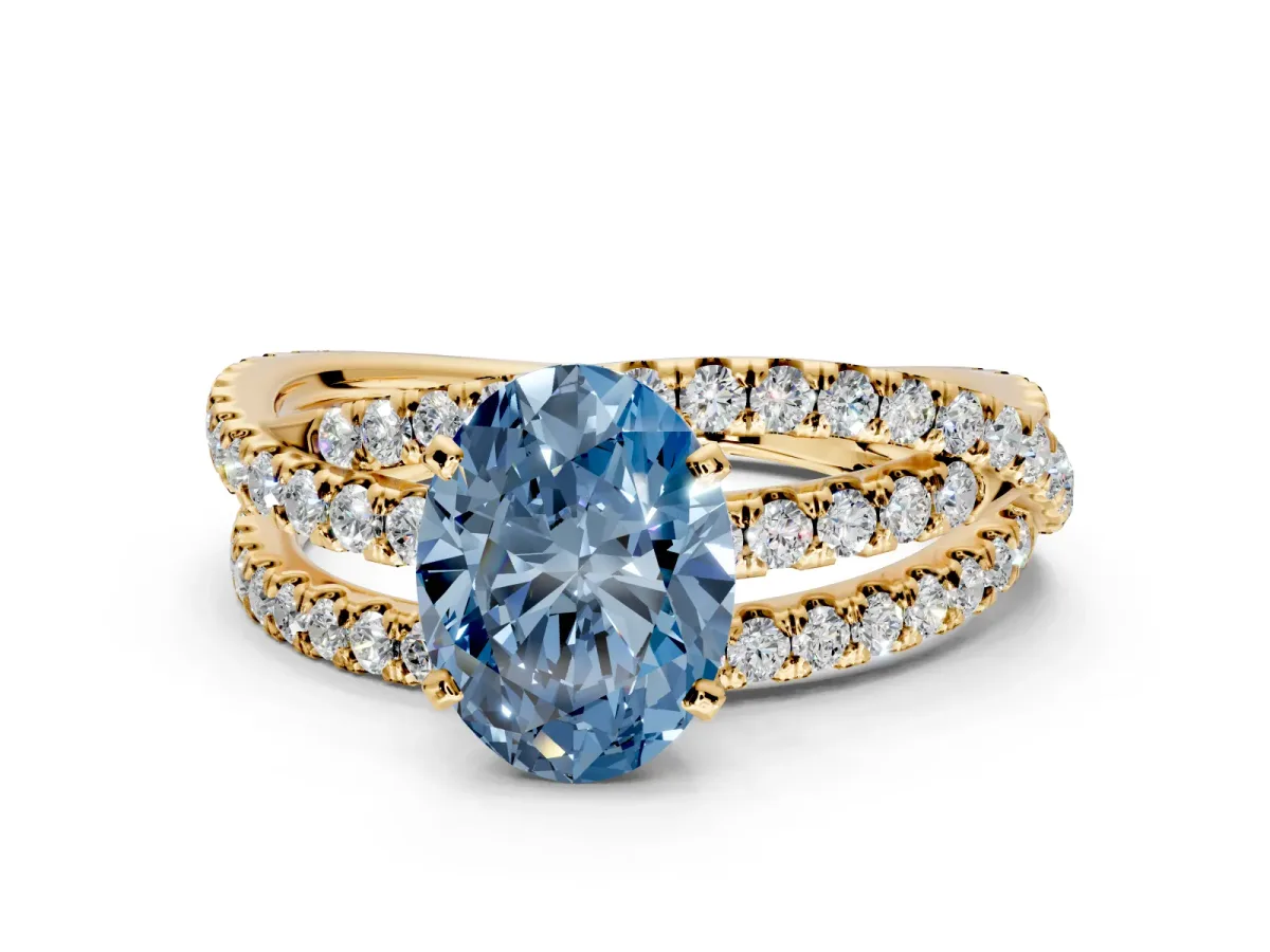 Solitaire Engagement Ring Setting for Fancy Blue Oval Center with Woven 3-Strand Pave Band and Prong Head in Yellow Gold