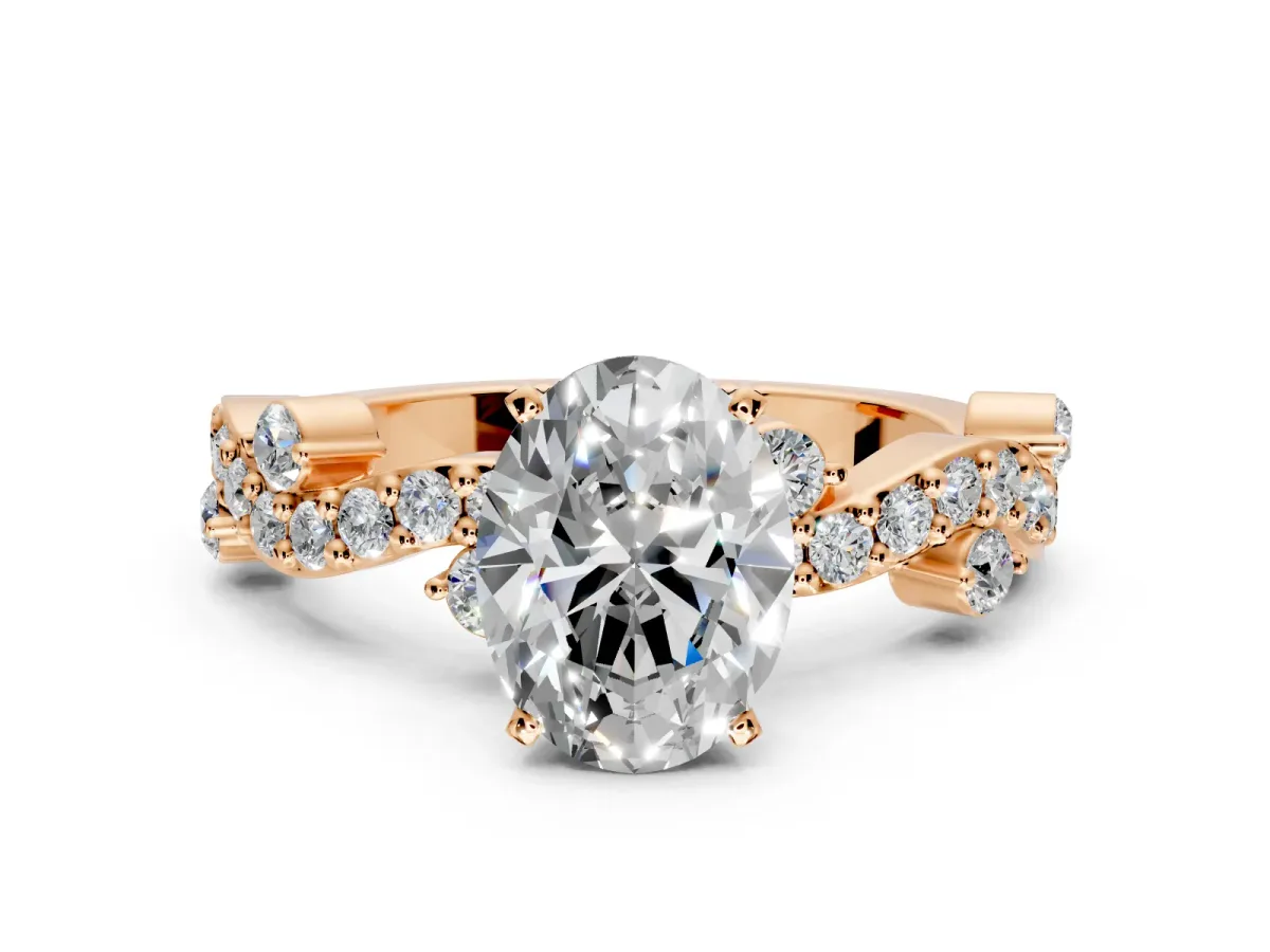 Solitaire Engagement Ring Setting for Oval Center with Bar-Station Pave Twist and Prong Head in Rose Gold