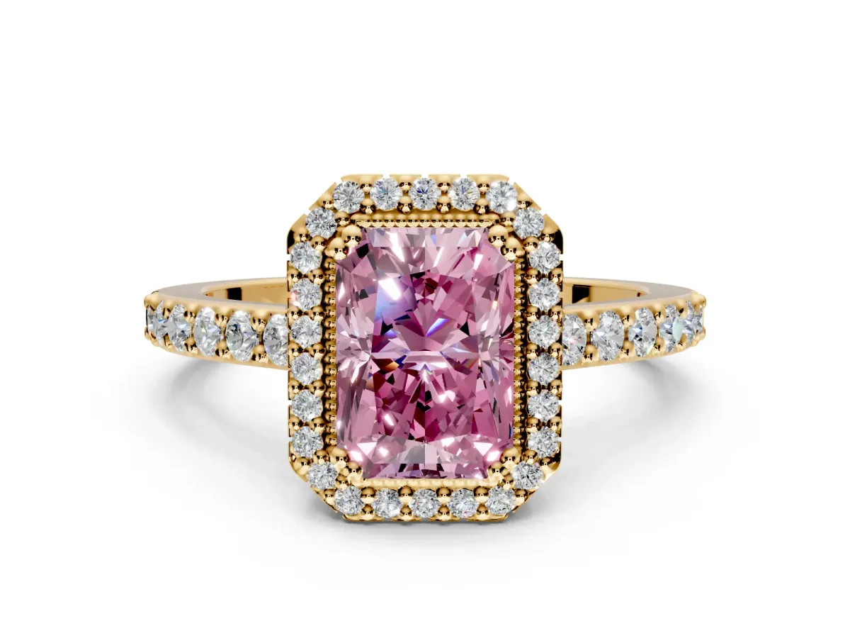 Halo Engagement Ring Setting for Fancy Pink Radiant Cut Center with Inner Milgrain Border and Prong Head in Yellow Gold