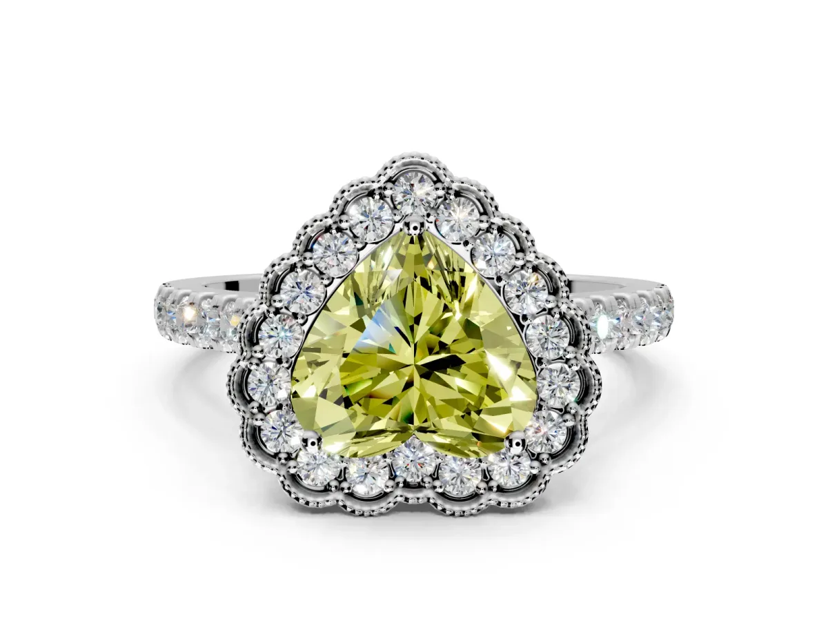 Milgrain Floral Halo Engagement Ring Setting for Fancy Yellow Heart-Shaped Center with Pave Band and Prong Head in Sterling Silver