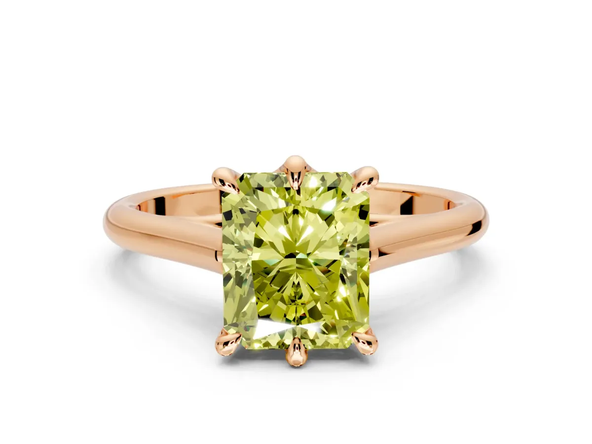 Solitaire Engagement Ring Setting for Fancy Yellow Radiant Cut Center with Cathedral Band and Prong Head in Rose Gold