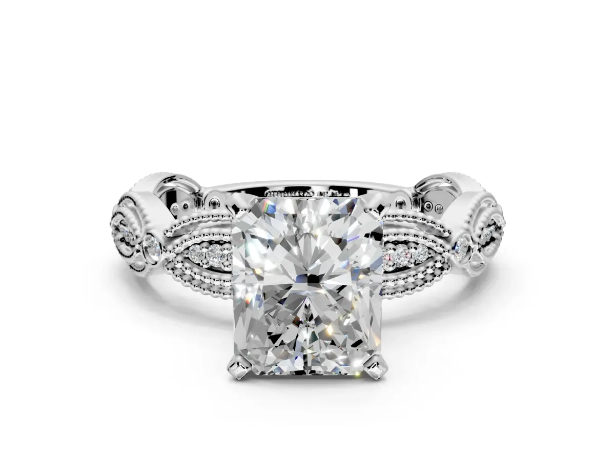 Solitaire Engagement Ring Setting for Radiant Cut Center with Marquise Panel Band and Prong Head in Platinum
