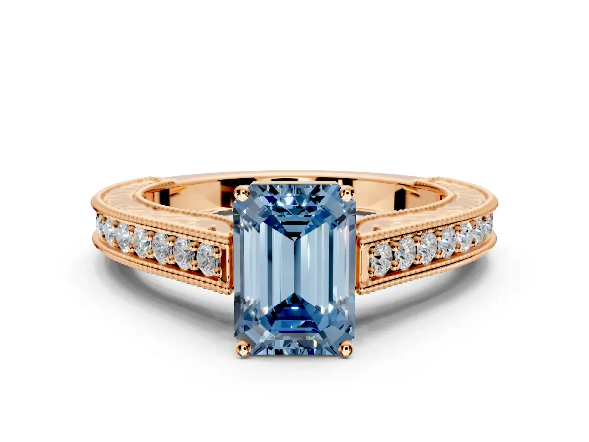 Solitaire Engagement Ring Setting for Fancy Blue Emerald Cut Center with Engraved Pave Band and Prong Head in Rose Gold
