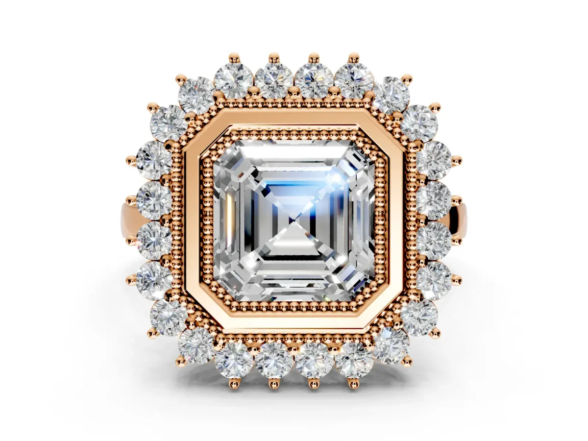 Halo Engagement Ring Setting for Asscher Cut Center with Milgrain Bezel Rim, Plain Band and Prong Head in Rose Gold