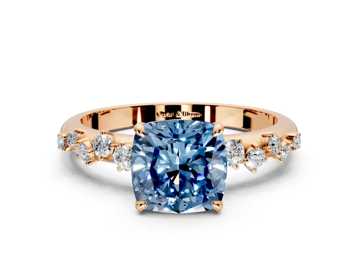 Cluster Engagement Ring Setting for Fancy Blue Cushion Cut Center with Round Cut Accent Band and Prong Head in Rose Gold