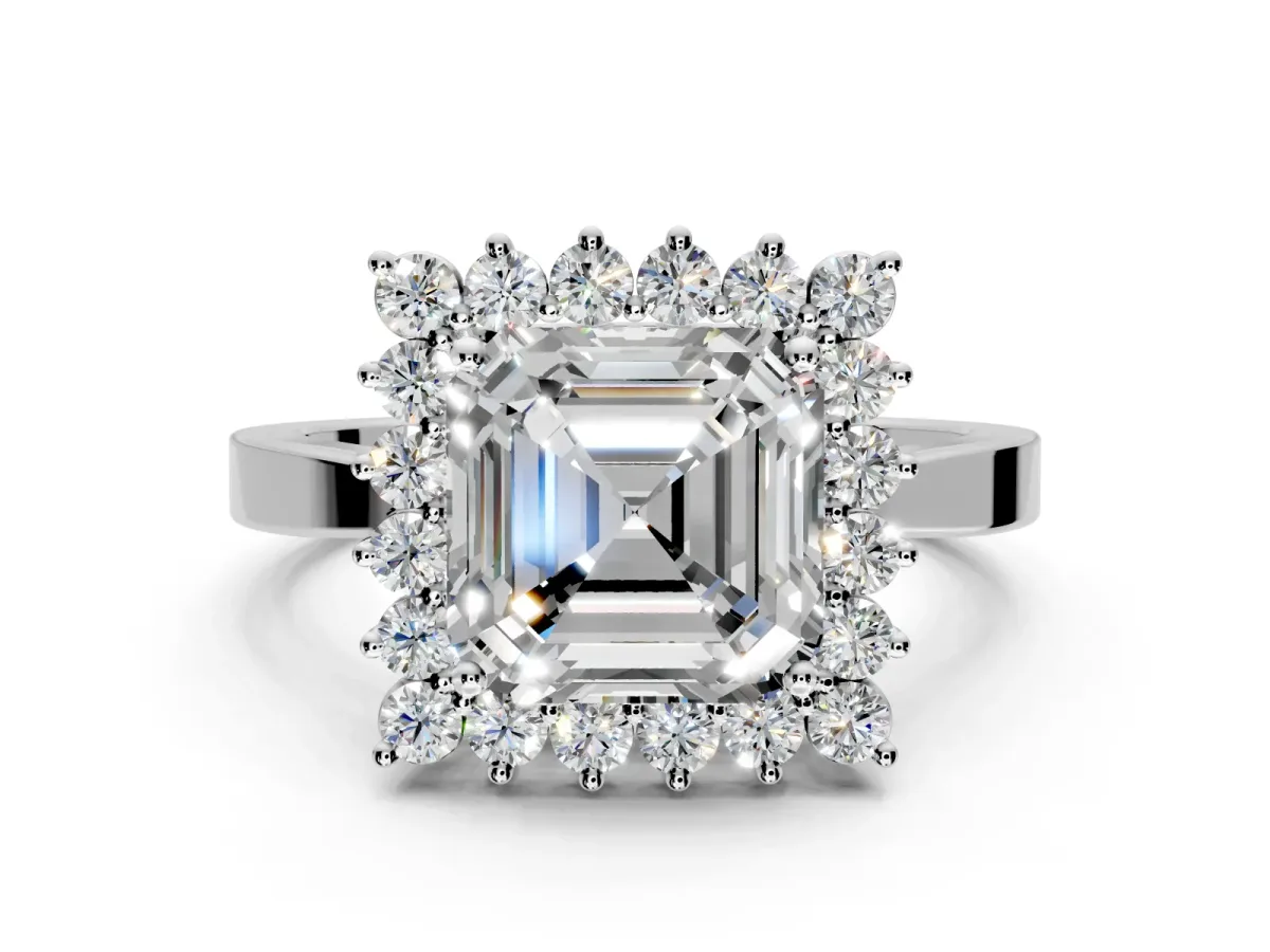 Starburst Halo Engagement Ring Setting for Asscher Cut Center with Flat Cathedral Band and Prong Head in Sterling Silver