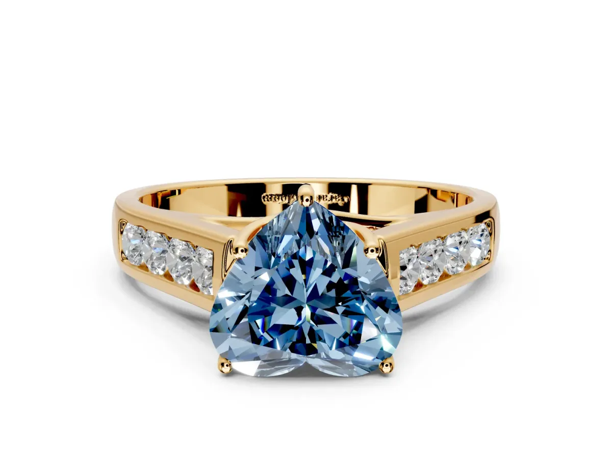 Solitaire Engagement Ring Setting for Fancy Blue Heart-Shaped Center with Cathedral Channel Band and Prong Head in Yellow Gold