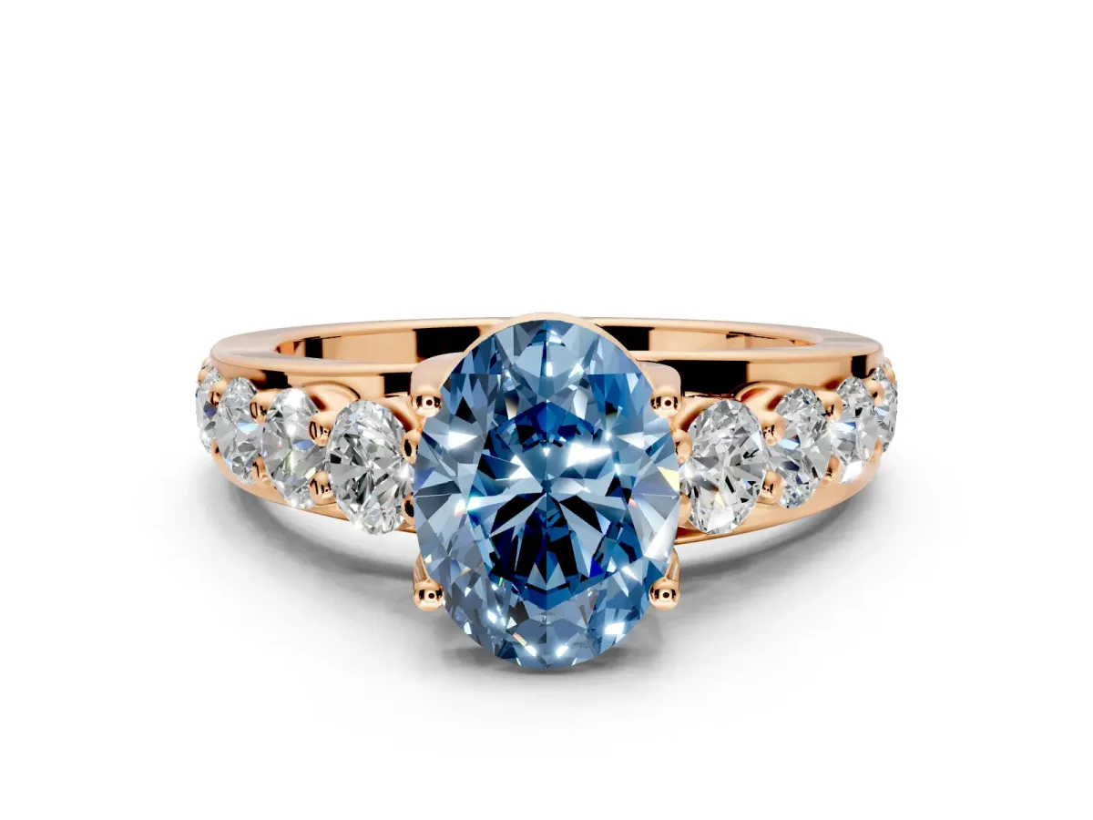 Solitaire Engagement Ring Setting for Fancy Blue Oval Center with Graduated Shared Prongs and Prong Head in Rose Gold