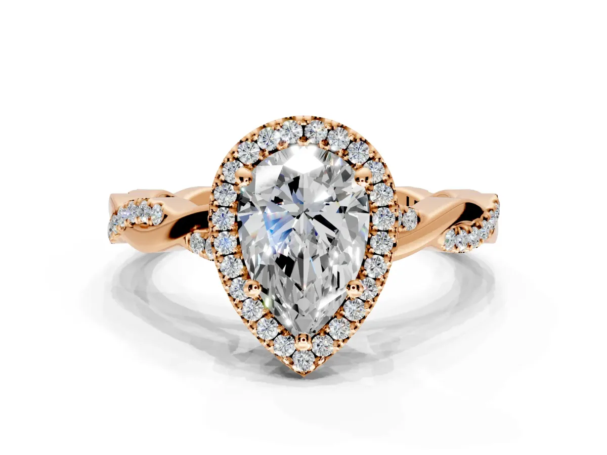 Halo Engagement Ring Setting for Pear-Shaped Center with Pave and Plain Twist Band and Prong Head in Rose Gold