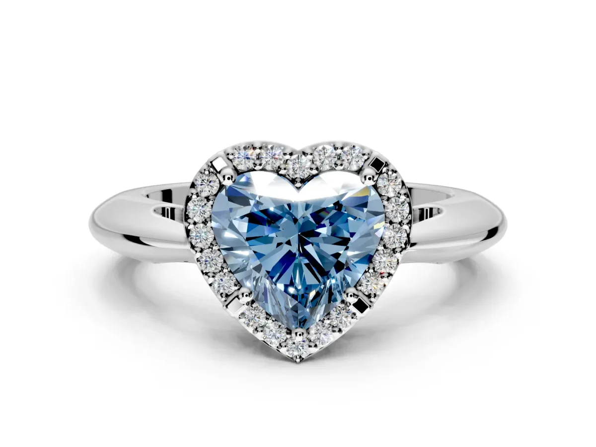 Halo Engagement Ring Setting for Fancy Blue Heart-Shaped Center with Tapered Plain Band and Prong Head in Platinum