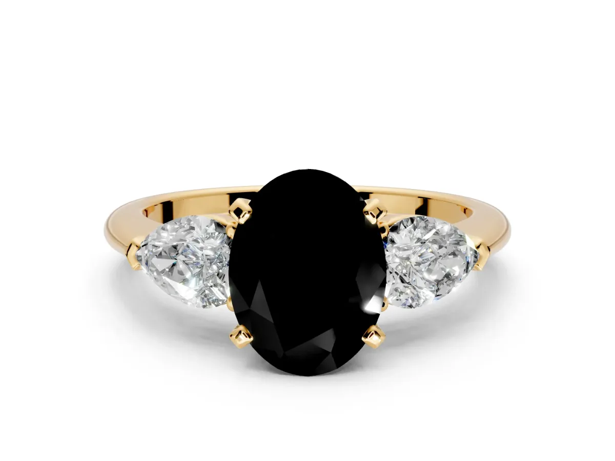 3 Stone Engagement Ring Setting for Fancy Black Oval Center with Large Pear-Shaped Accents and Prong Head in Yellow Gold