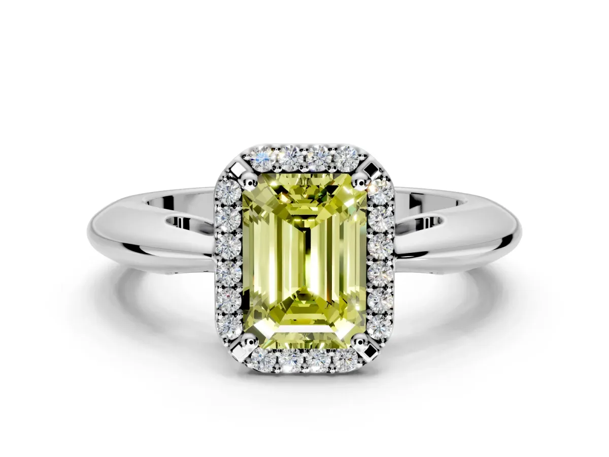 Halo Engagement Ring Setting for Fancy Yellow Emerald Cut Center with Tapered Plain Band and Prong Head in Platinum