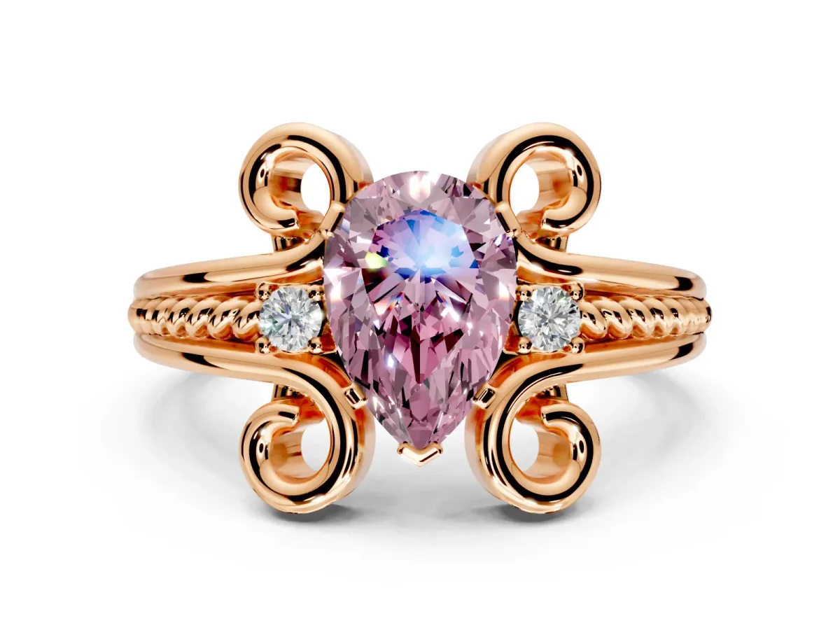 Solitaire Engagement Ring Setting for Fancy Pink Pear-Shaped Center with Twisted Band and Scroll Prong Head in Rose Gold