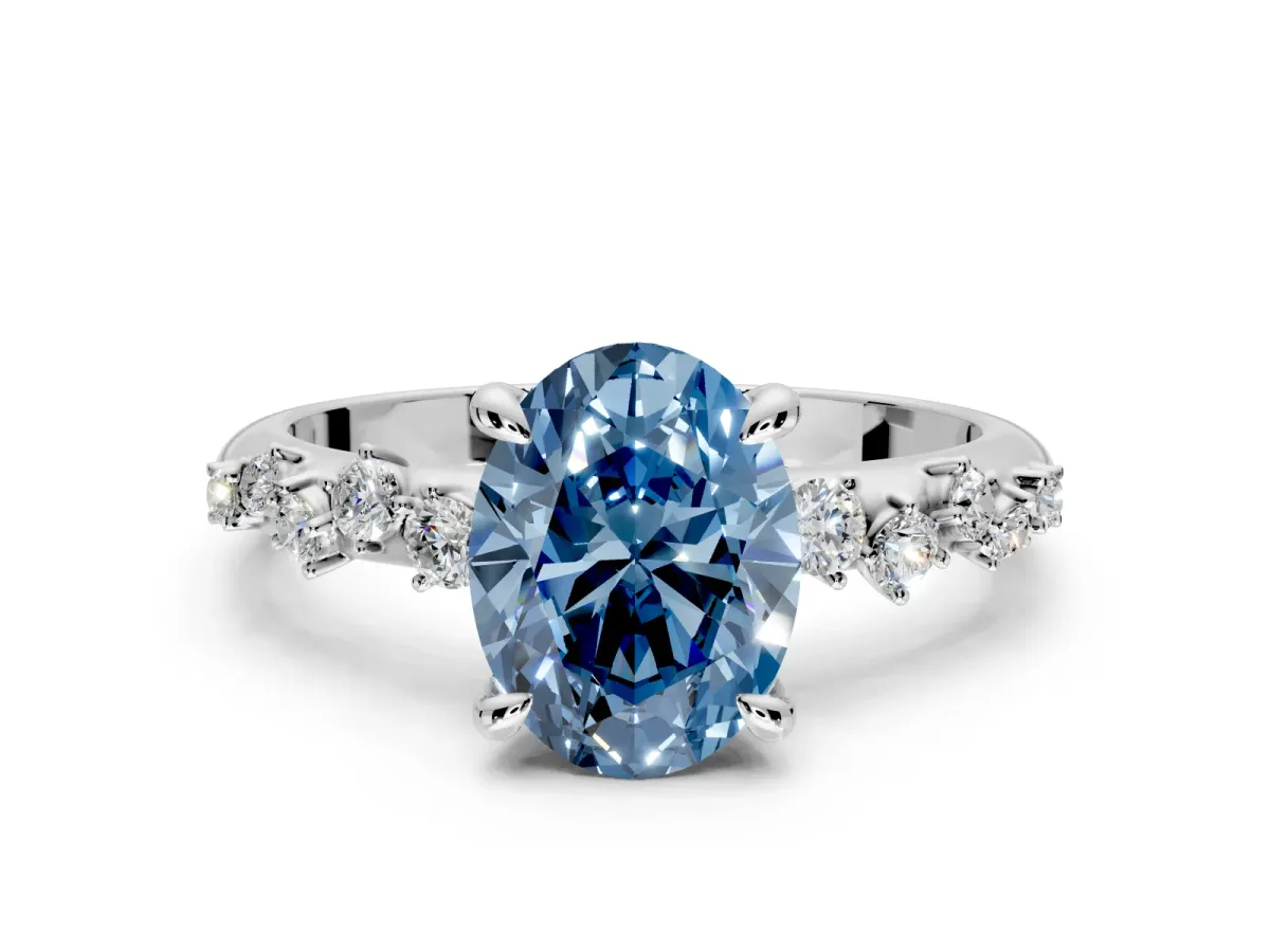 Solitaire Engagement Ring Setting for Fancy Blue Oval Center with Trailing Leaf Accent Band and Prong Head in Platinum