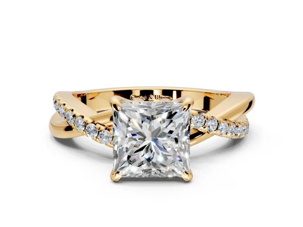 Solitaire Engagement Ring Setting for Princess Cut Center with Half-Pave Crossover Band and Prong Head in Yellow Gold