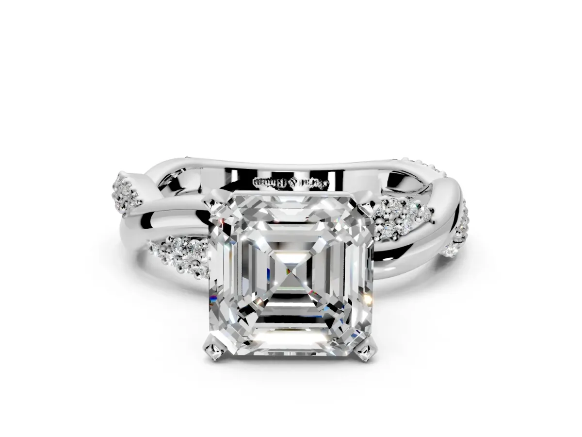 Solitaire Engagement Ring Setting for Asscher Cut Center with Pave and Plain Crossover and Basket Head in Sterling Silver