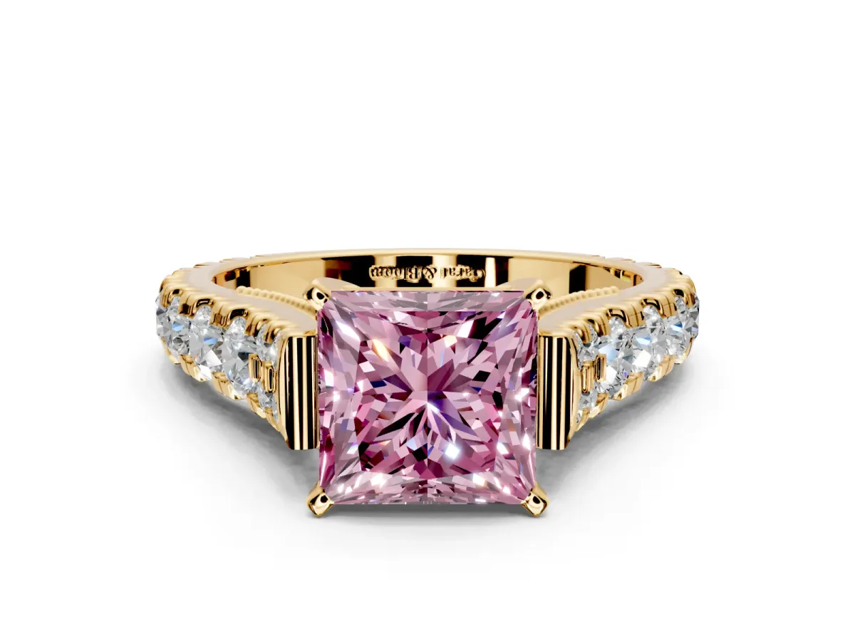 Solitaire Engagement Ring Setting for Fancy Pink Princess Cut Center with Pave Cathedral Shoulders and Prong Head in Yellow Gold