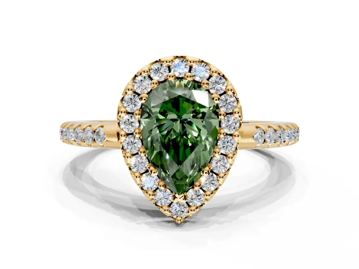 Pave Halo Engagement Ring Setting for Fancy Green Pear-Shaped Center with Single Row Pave Band and Prong Head in Yellow Gold