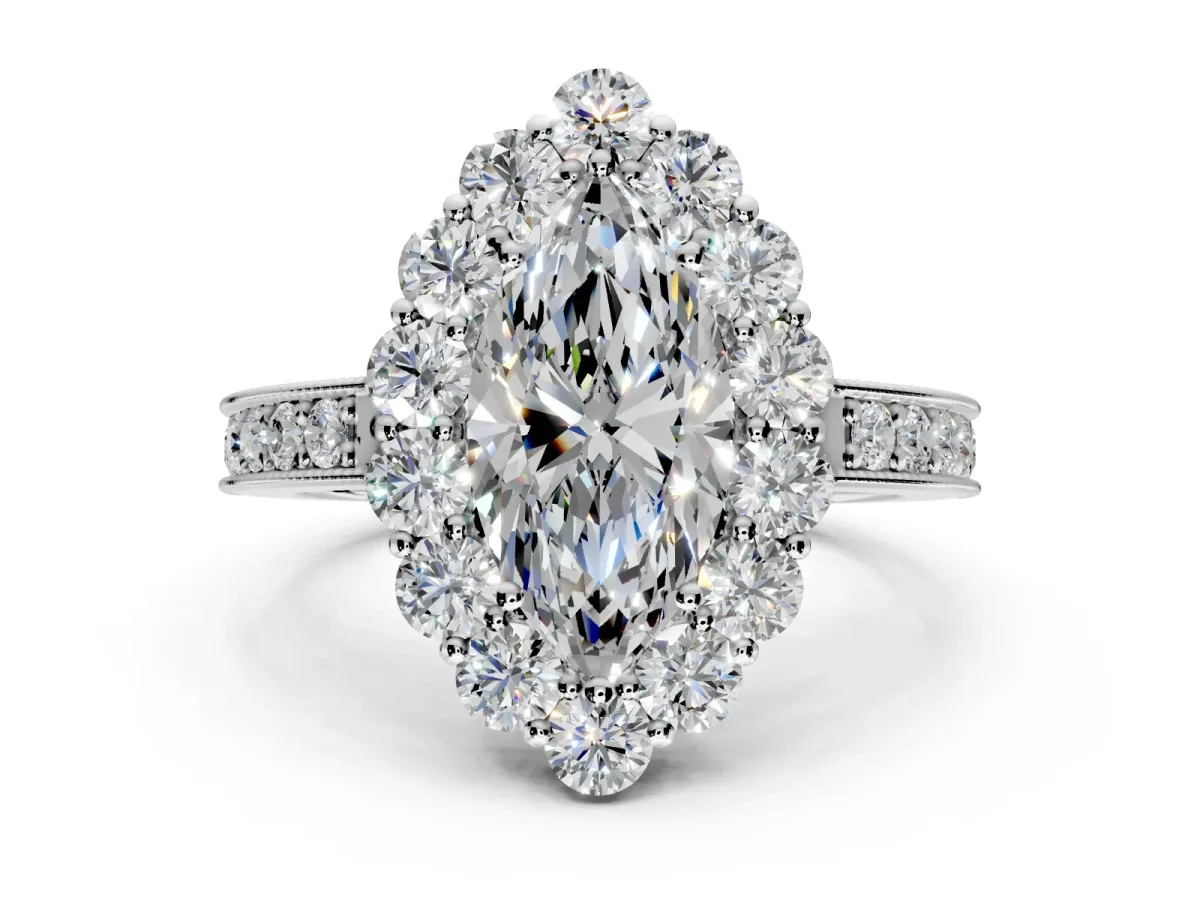 Halo Engagement Ring Setting for Marquise Center with Milgrain Channel Band and Prong Head in Sterling Silver