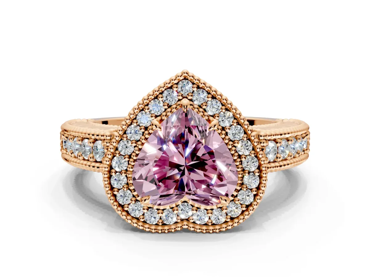 Milgrain Halo Engagement Ring Setting for Fancy Pink Heart-Shaped Center with Pave Band and Prong Head in Rose Gold