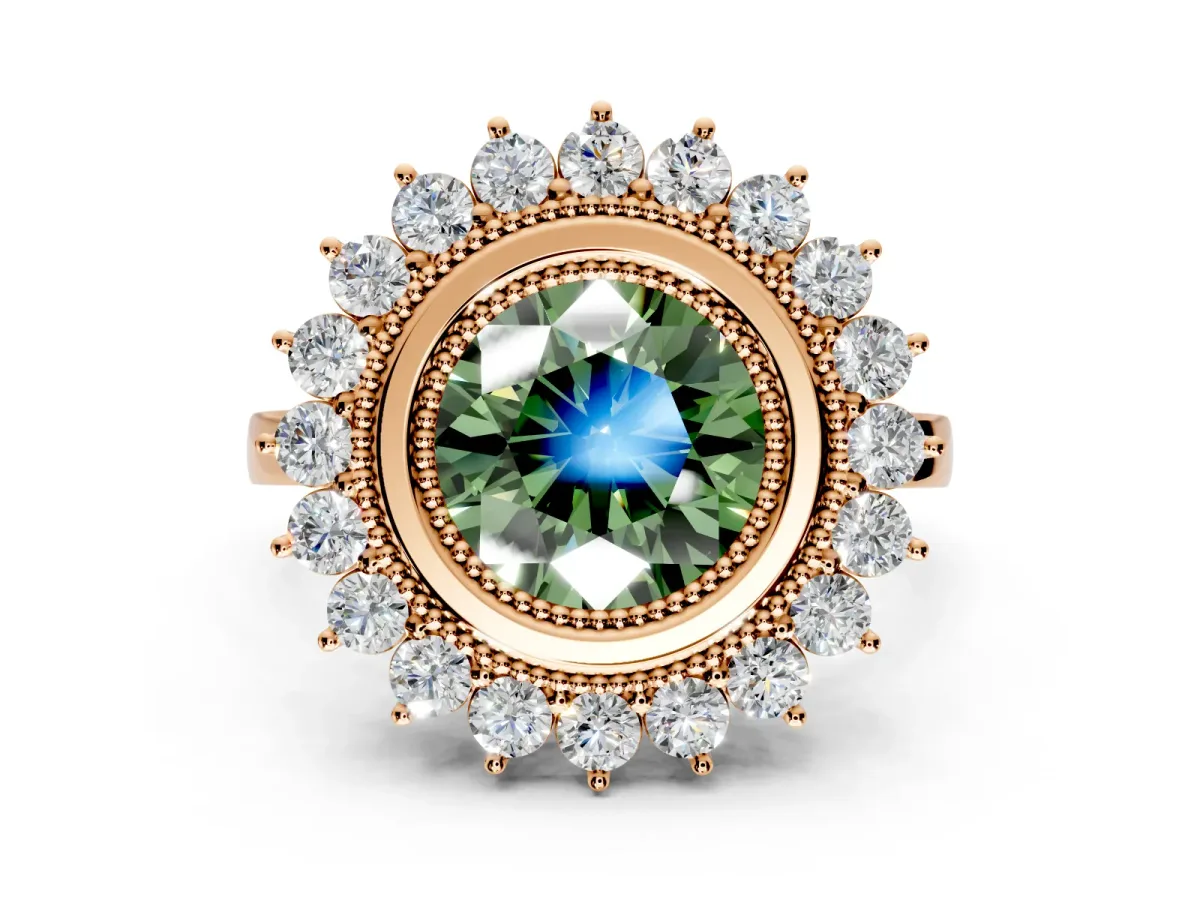 Halo Engagement Ring Setting for Fancy Green Round Cut Center with Milgrain Bezel Rim, Plain Band and Prong Head in Rose Gold