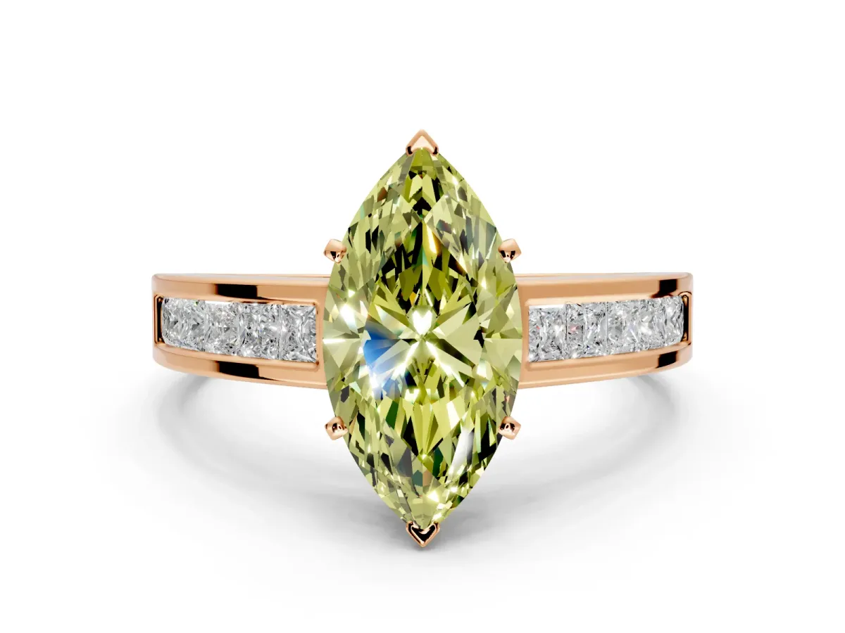 Solitaire Engagement Ring Setting for Fancy Yellow Marquise Center with Princess Cut Channel Band and Prong Head in Rose Gold