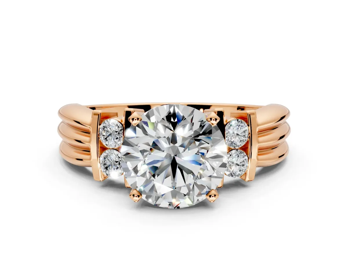 Solitaire Engagement Ring Setting for Round Cut Center with Grooved Bar Accent Band and Prong Head in Rose Gold
