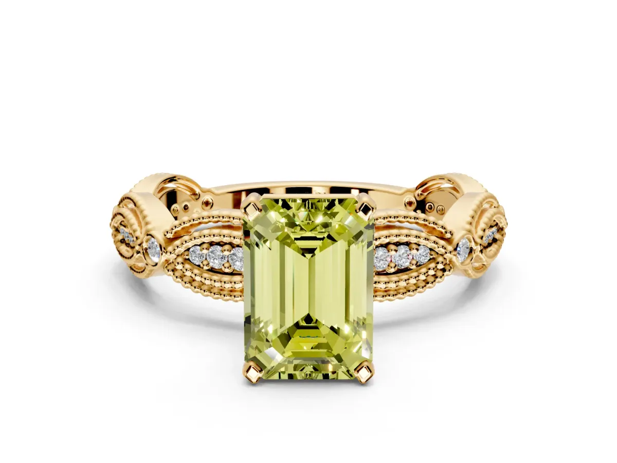 Solitaire Engagement Ring Setting for Fancy Yellow Emerald Cut Center with Marquise Panel Band and Prong Head in Yellow Gold