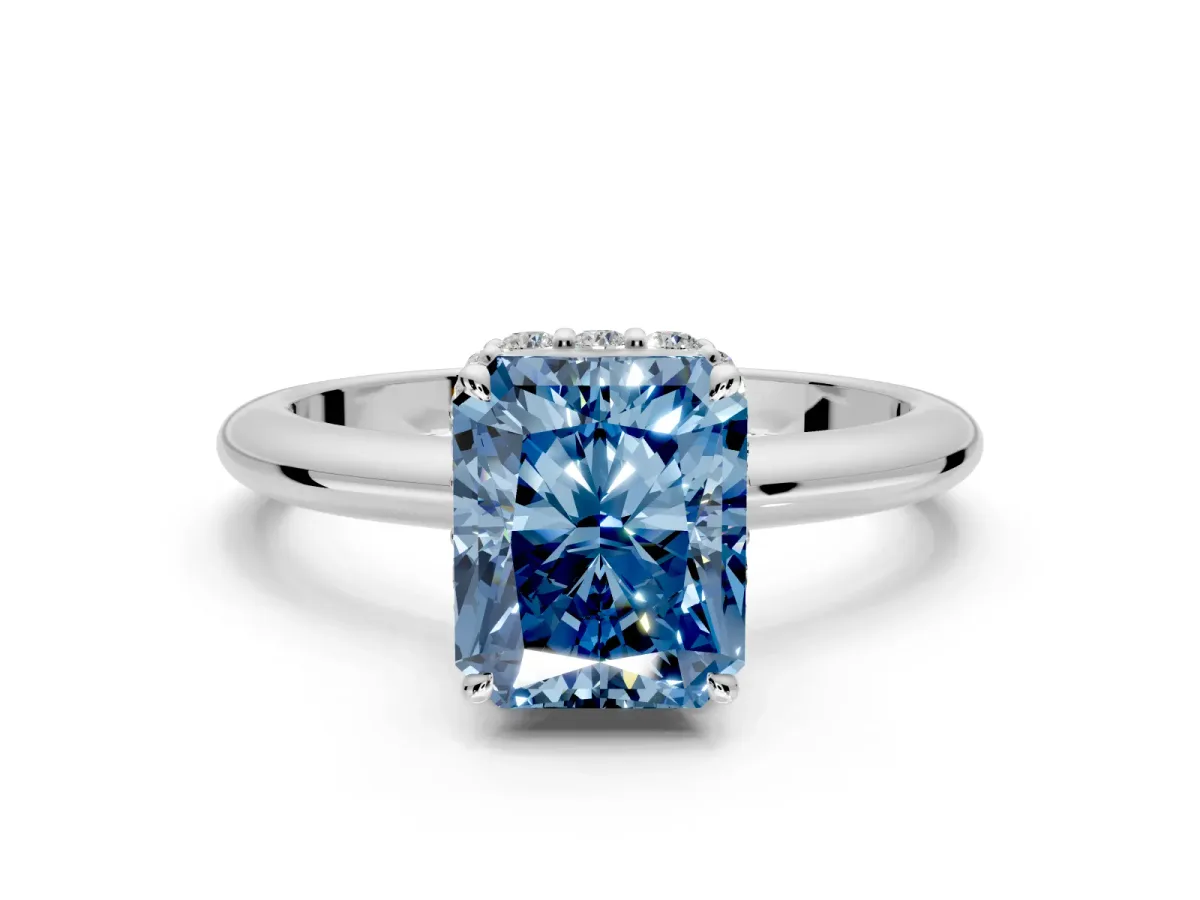 Hidden Halo Engagement Ring Setting for Fancy Blue Radiant Cut Center with Plain Rounded Band and Prong Head in Platinum