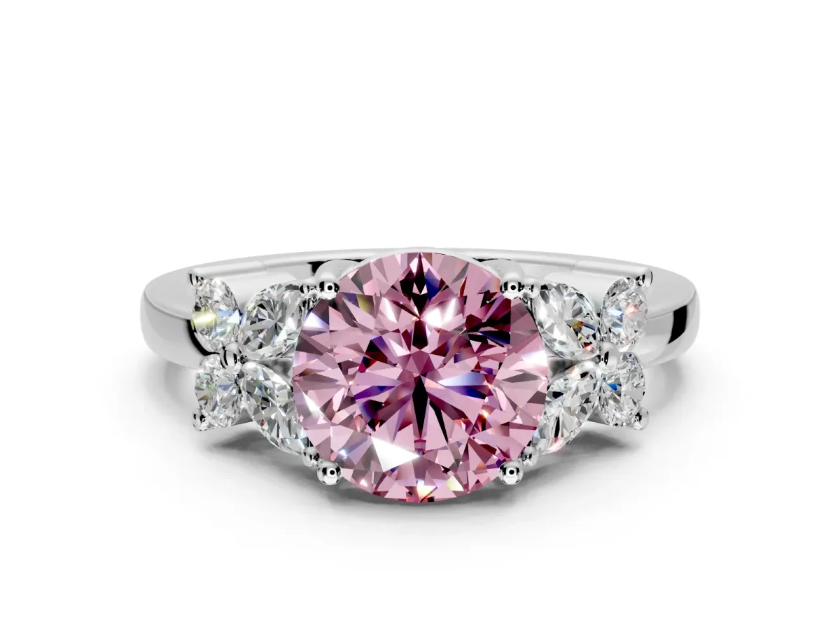 Floral Engagement Ring Setting for Fancy Pink Round Cut Center with Marquise Cluster Shoulders and Prong Head in Platinum