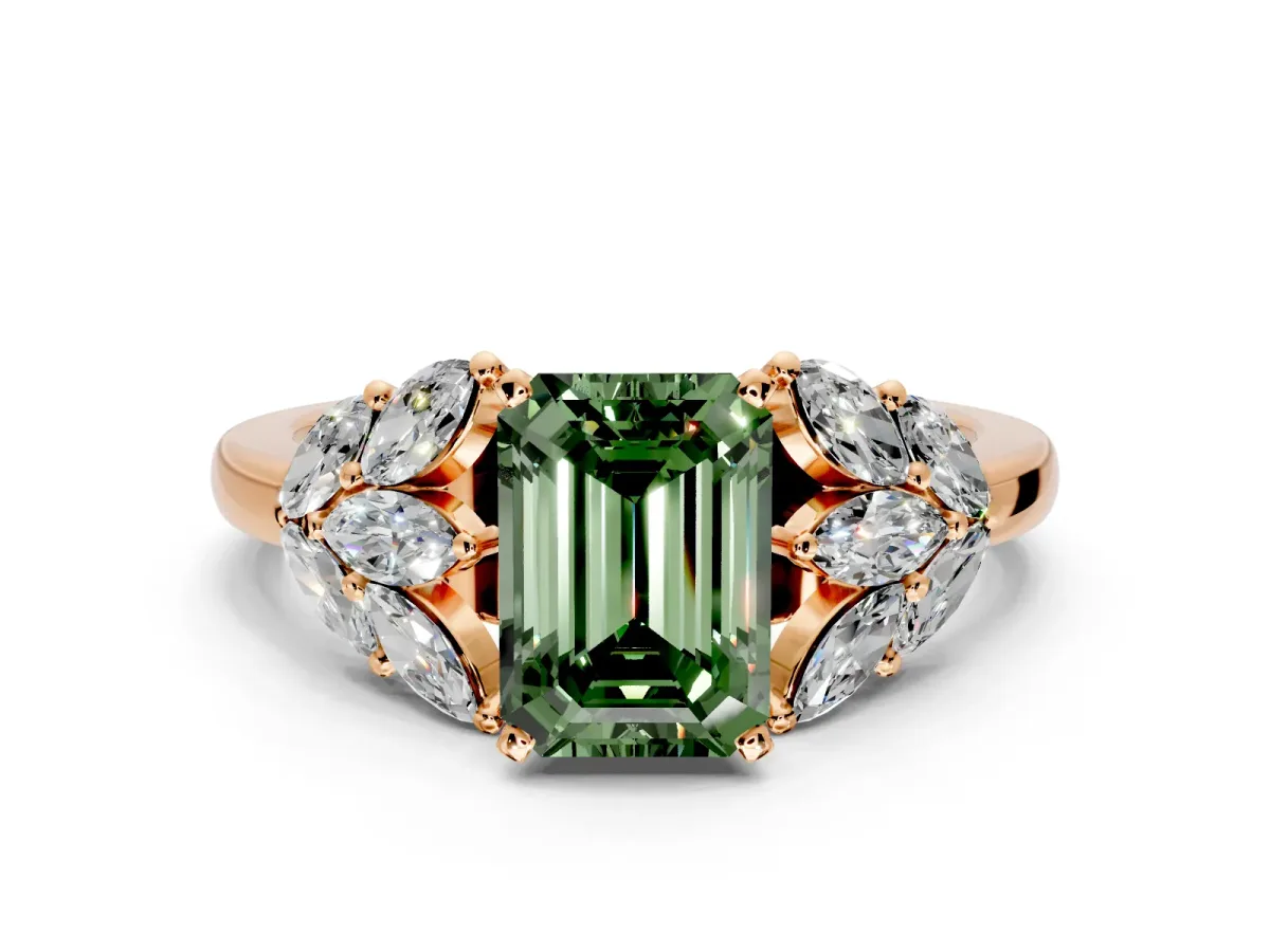 Leaf Cluster Engagement Ring Setting for Fancy Green Emerald Cut Center with Marquise Accents and Prong Head in Rose Gold