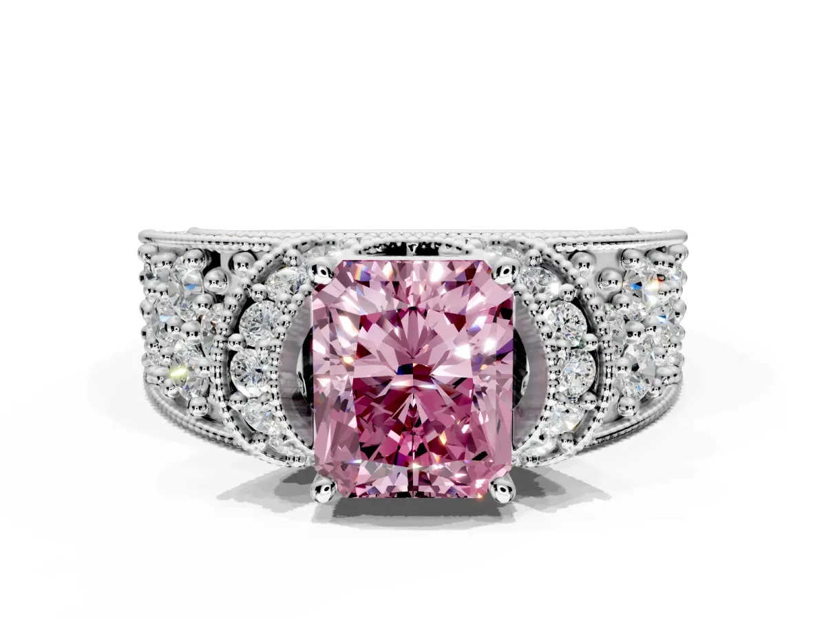 Pave Engagement Ring Setting for Fancy Pink Radiant Cut Center with Curved Accent Rows, Openwork and Prong Head in Sterling Silver