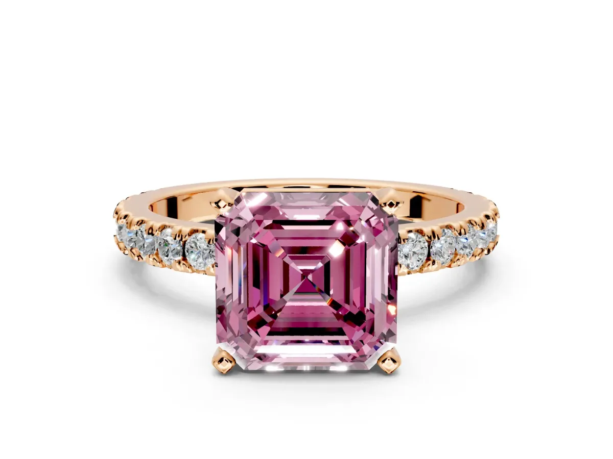 Solitaire Engagement Ring Setting for Fancy Pink Asscher Cut Center with Fine Pave Band and Claw Prong Head in Rose Gold
