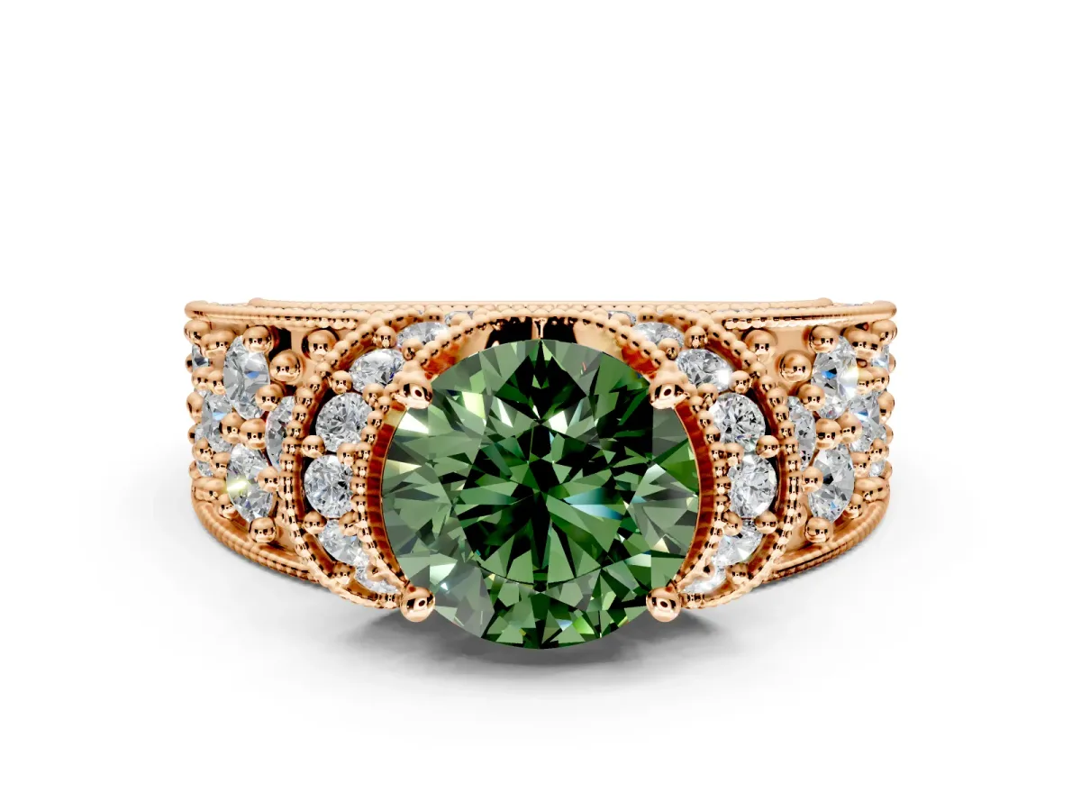 Pave Engagement Ring Setting for Fancy Green Round Cut Center with Curved Accent Rows, Openwork and Prong Head in Rose Gold