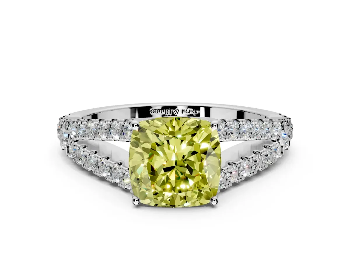 Solitaire Engagement Ring Setting for Fancy Yellow Cushion Cut Center with Pave Split Shank and Prong Head in Platinum