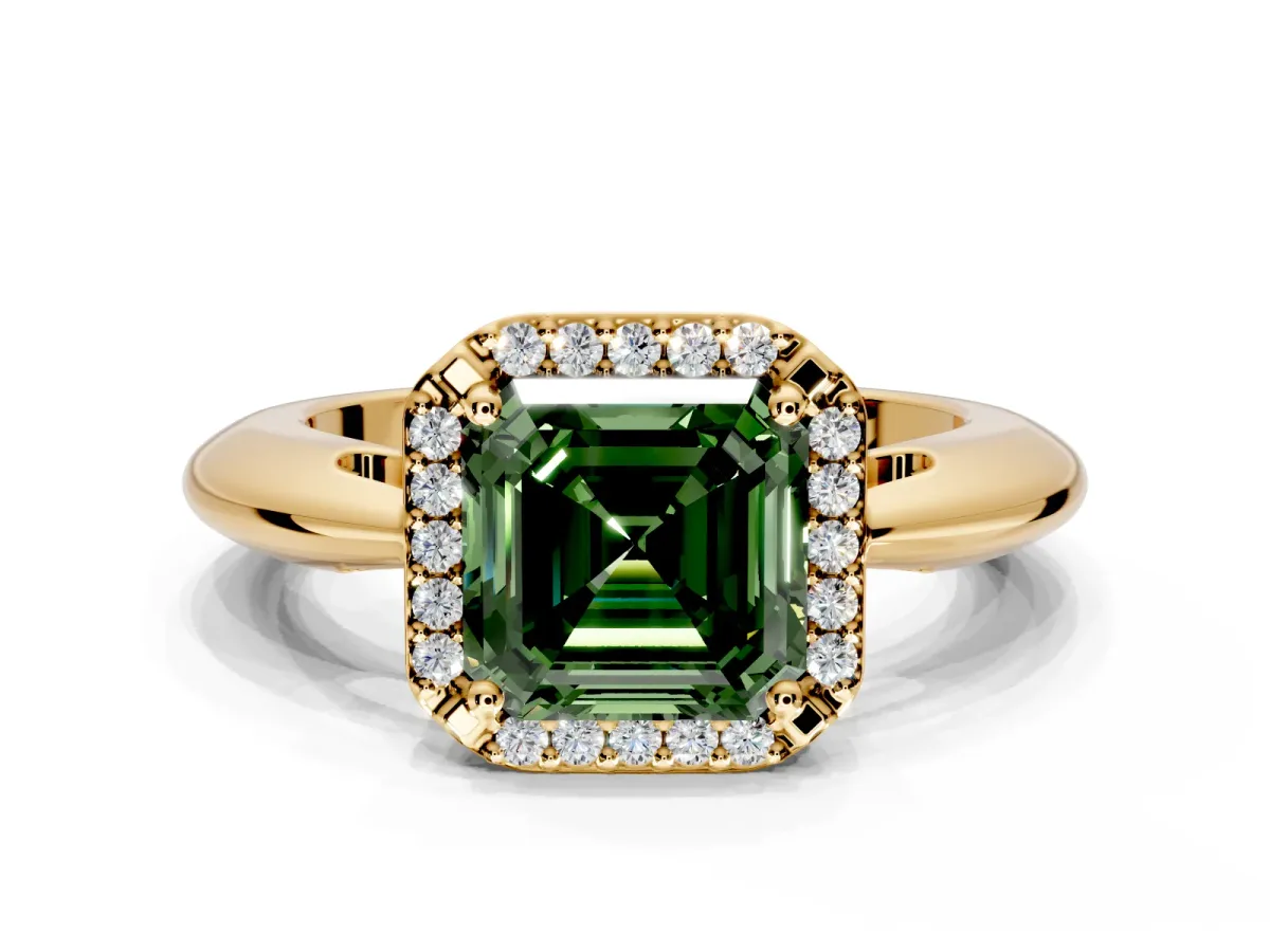Halo Engagement Ring Setting for Fancy Green Asscher Cut Center with Tapered Plain Band and Prong Head in Yellow Gold