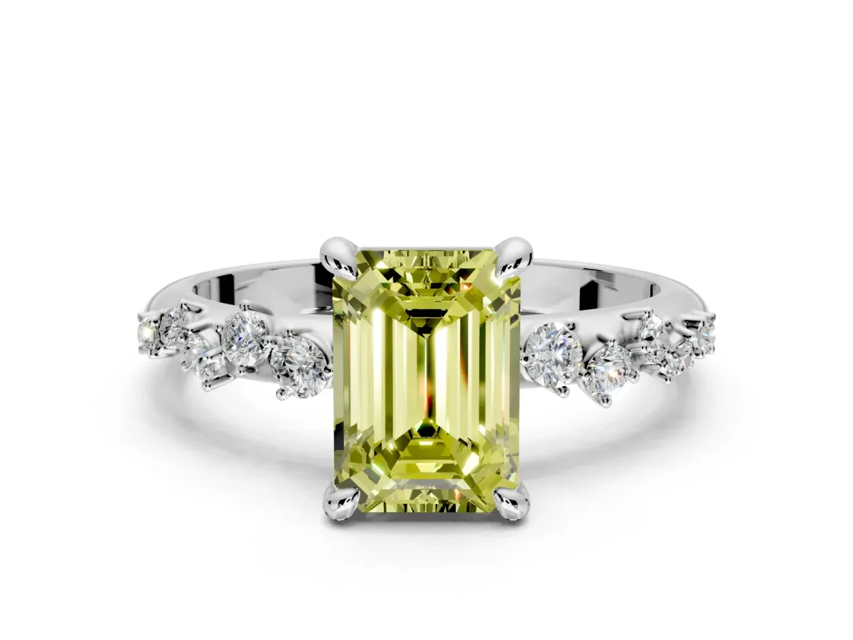Solitaire Engagement Ring Setting for Fancy Yellow Emerald Cut Center with Trailing Leaf Accent Band and Prong Head in Sterling Silver