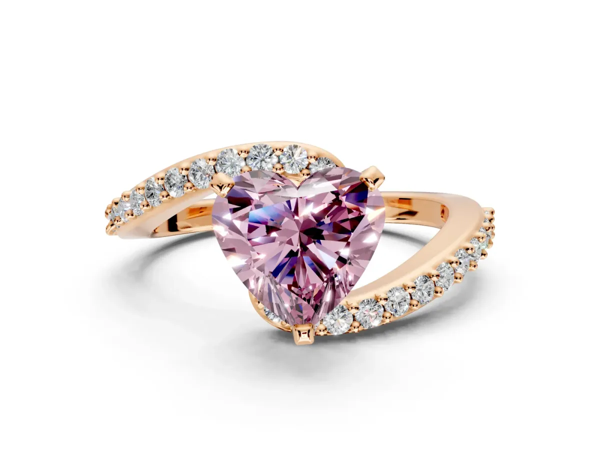 Solitaire Engagement Ring Setting for Fancy Pink Heart-Shaped Center with Pave Bypass Swirl Band and Prong Head in Rose Gold