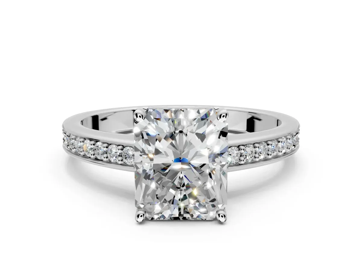 Solitaire Engagement Ring Setting for Radiant Cut Center with Channel-Set Accent Band and Prong Head in Platinum