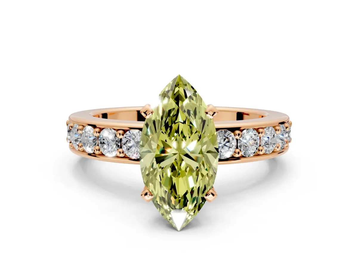 Solitaire Engagement Ring Setting for Fancy Yellow Marquise Center with Channel-Set Accents and Prong Head in Rose Gold