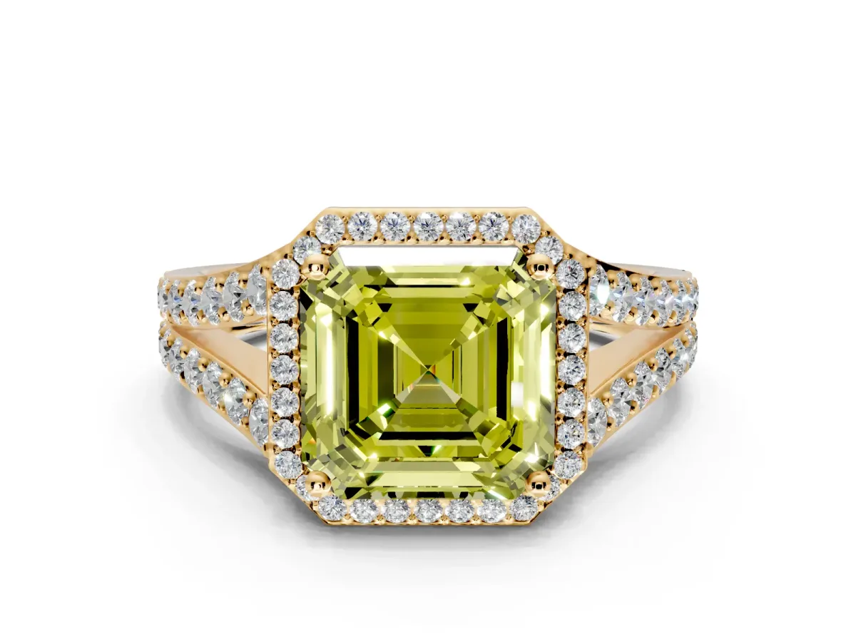 Halo Engagement Ring Setting for Fancy Yellow Asscher Cut Center with Narrow Pave Split Shank and Prong Head in Yellow Gold
