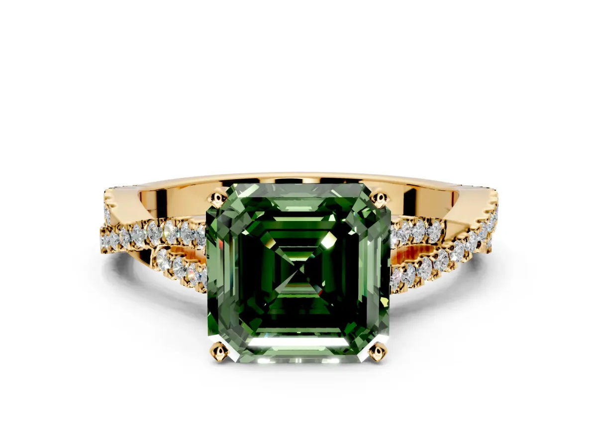 Solitaire Engagement Ring Setting for Fancy Green Asscher Cut Center with Twisted Pave Split Shank and Prong Head in Yellow Gold