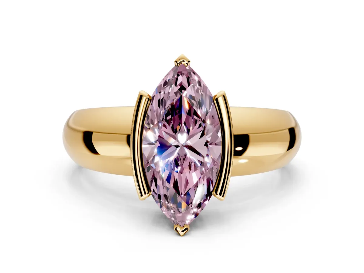 Tension Engagement Ring Setting for Fancy Pink Marquise Center with Wide Flat Band and Tension Head in Yellow Gold