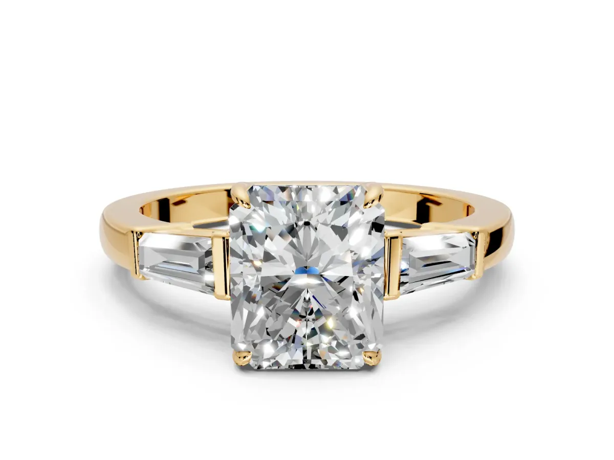 3 Stone Engagement Ring Setting for Radiant Cut Center with Baguette Accents and Prong Head in Yellow Gold