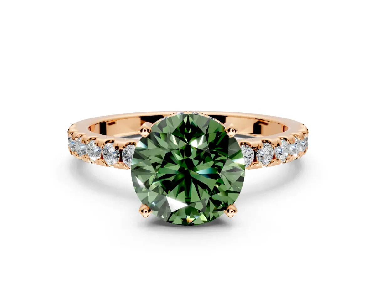 Solitaire Engagement Ring Setting for Fancy Green Round Cut Center with Band of Accents and Prong Head in Rose Gold