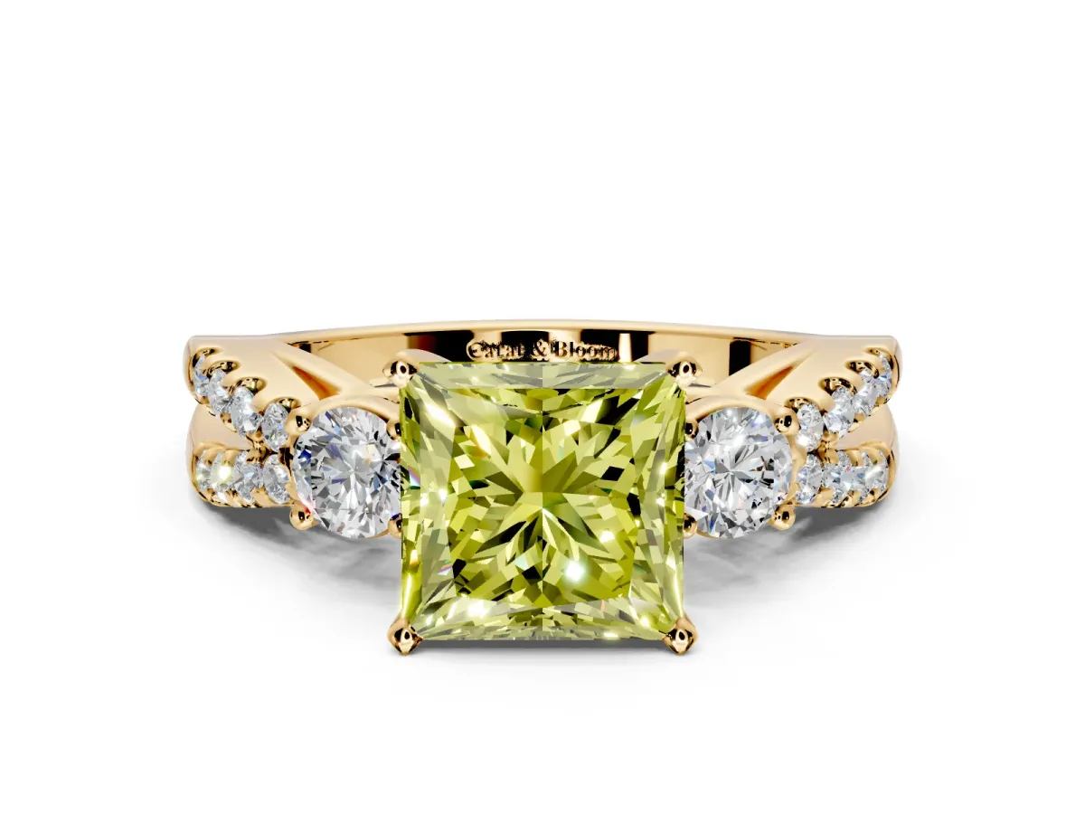 3 Stone Engagement Ring Setting for Fancy Yellow Princess Cut Center with Pave Split Shank and Prong Head in Yellow Gold
