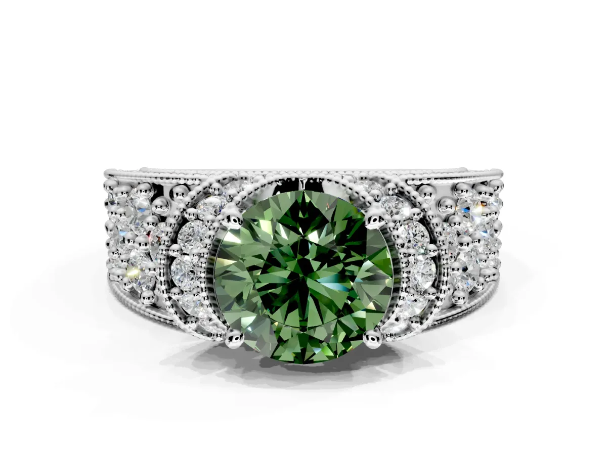 Pave Engagement Ring Setting for Fancy Green Round Cut Center with Curved Accent Rows, Openwork and Prong Head in White Gold