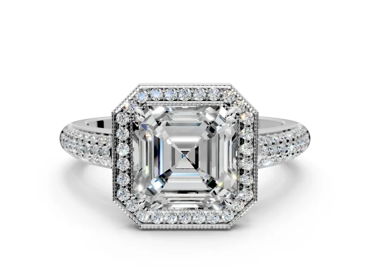 Milgrain Halo Engagement Ring Setting for Asscher Cut Center with Three-Sided Pave Band and Prong Head in White Gold