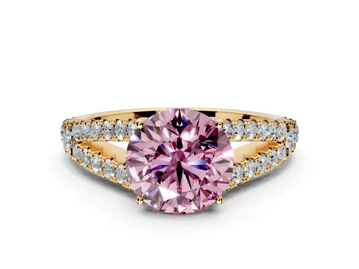 Solitaire Engagement Ring Setting for Fancy Pink Round Cut Center with Pave Split Shank and Prong Head in Yellow Gold