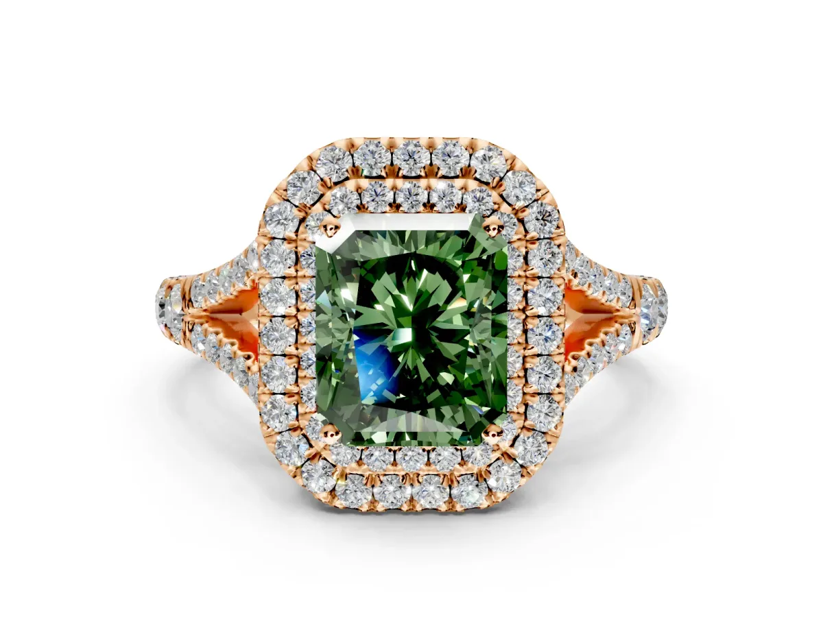 Double Halo Engagement Ring Setting for Fancy Green Radiant Cut Center with Narrow Pave Split Shank and Prong Head in Rose Gold